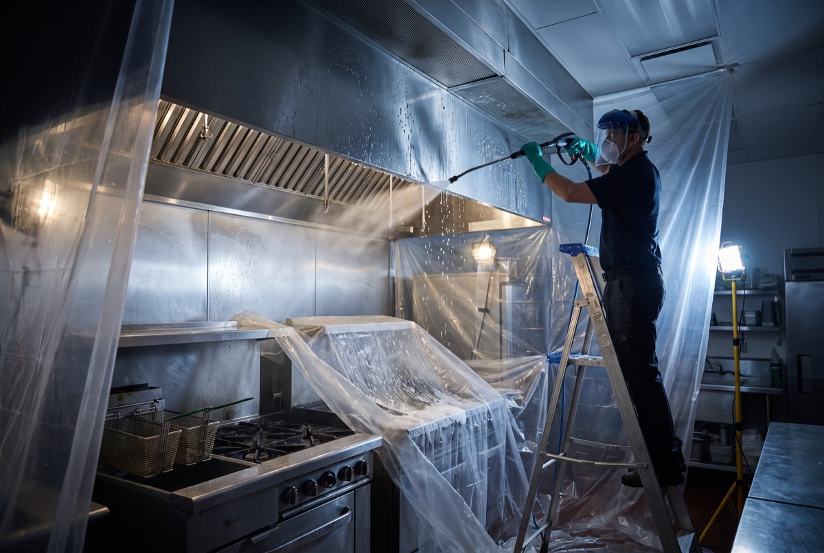 Deep cleaning of a hood plenum with equipment sheeted in plastic, Carrollton TX kitchen