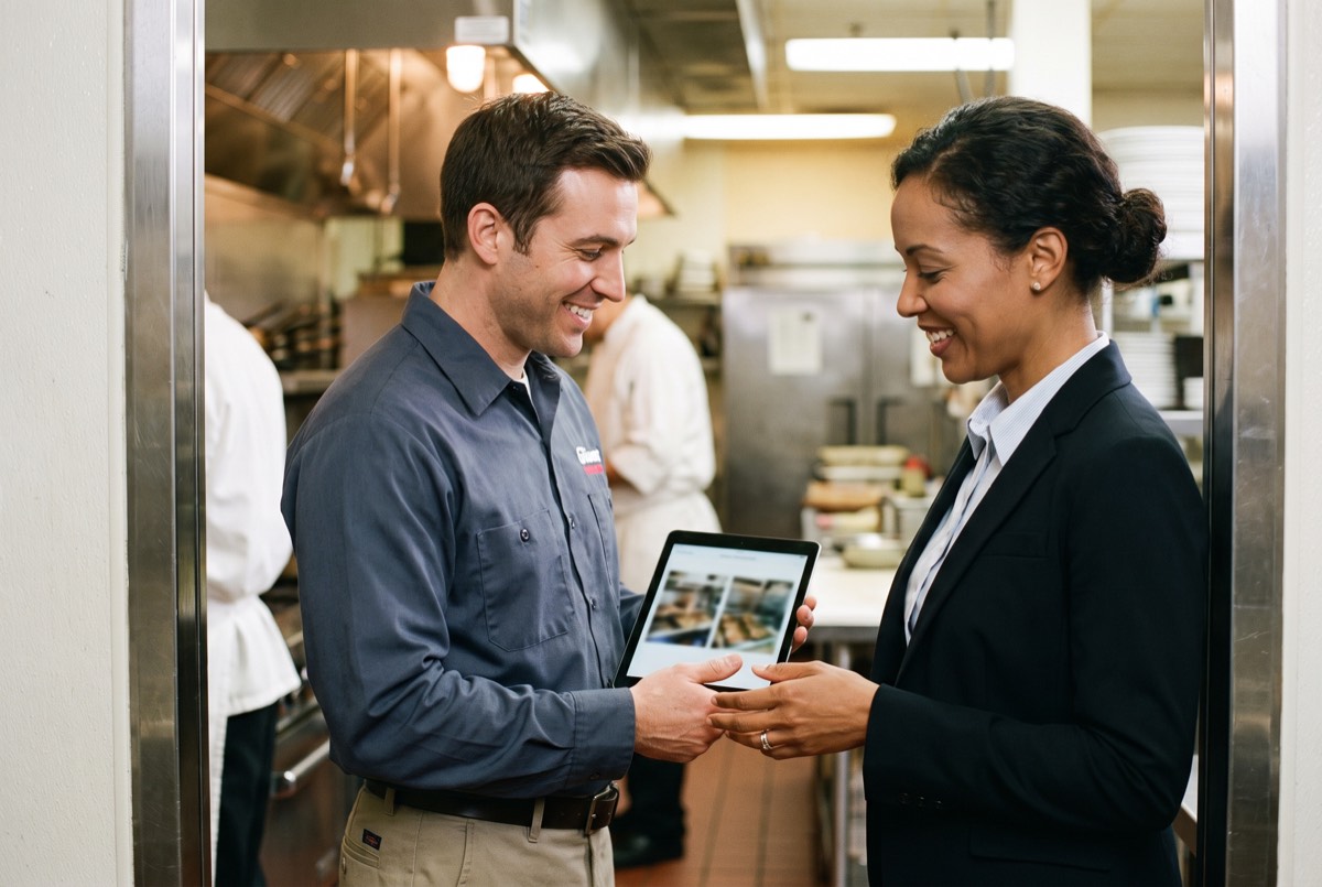 Technician reviewing before-and-after hood cleaning photos with a restaurant manager